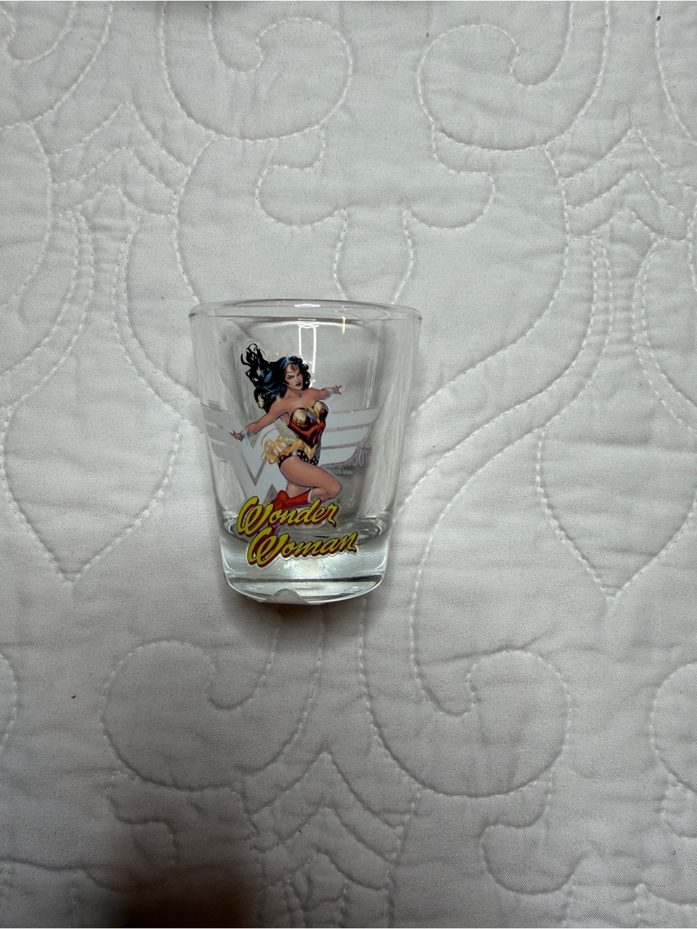 DC Comics Wonder Woman Clear Glass Shot Glass with Red, Blue, Gold Accents